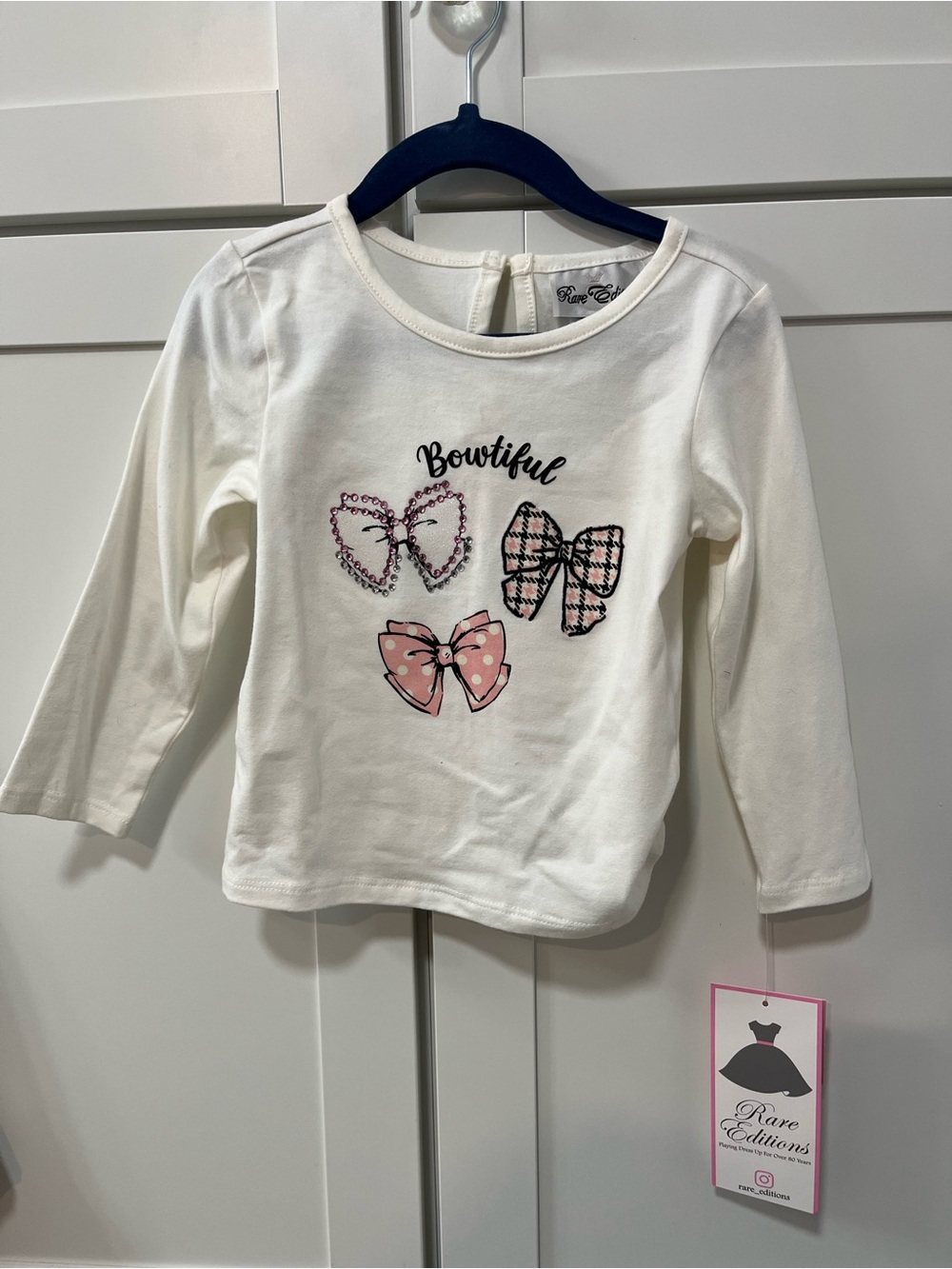 NWT Rare Editions Girls Bows White Long Sleeve Top